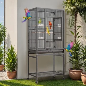 ModFusion 54 Inch Large Metal Bird Cage with Stand Perches and Food Dishes