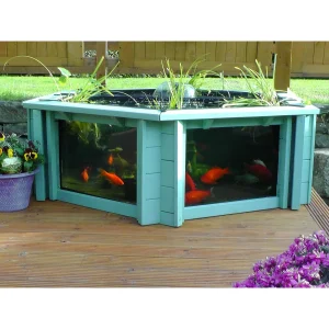 Raised Hexagon Wood Pond with Large Windows - Lily Clear View Garden Aquarium in Green 172 Gallon