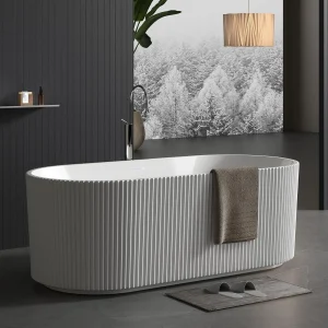 White Acrylic Soaking Bathtub with Pleated Design, Chrome Drain & Overflow